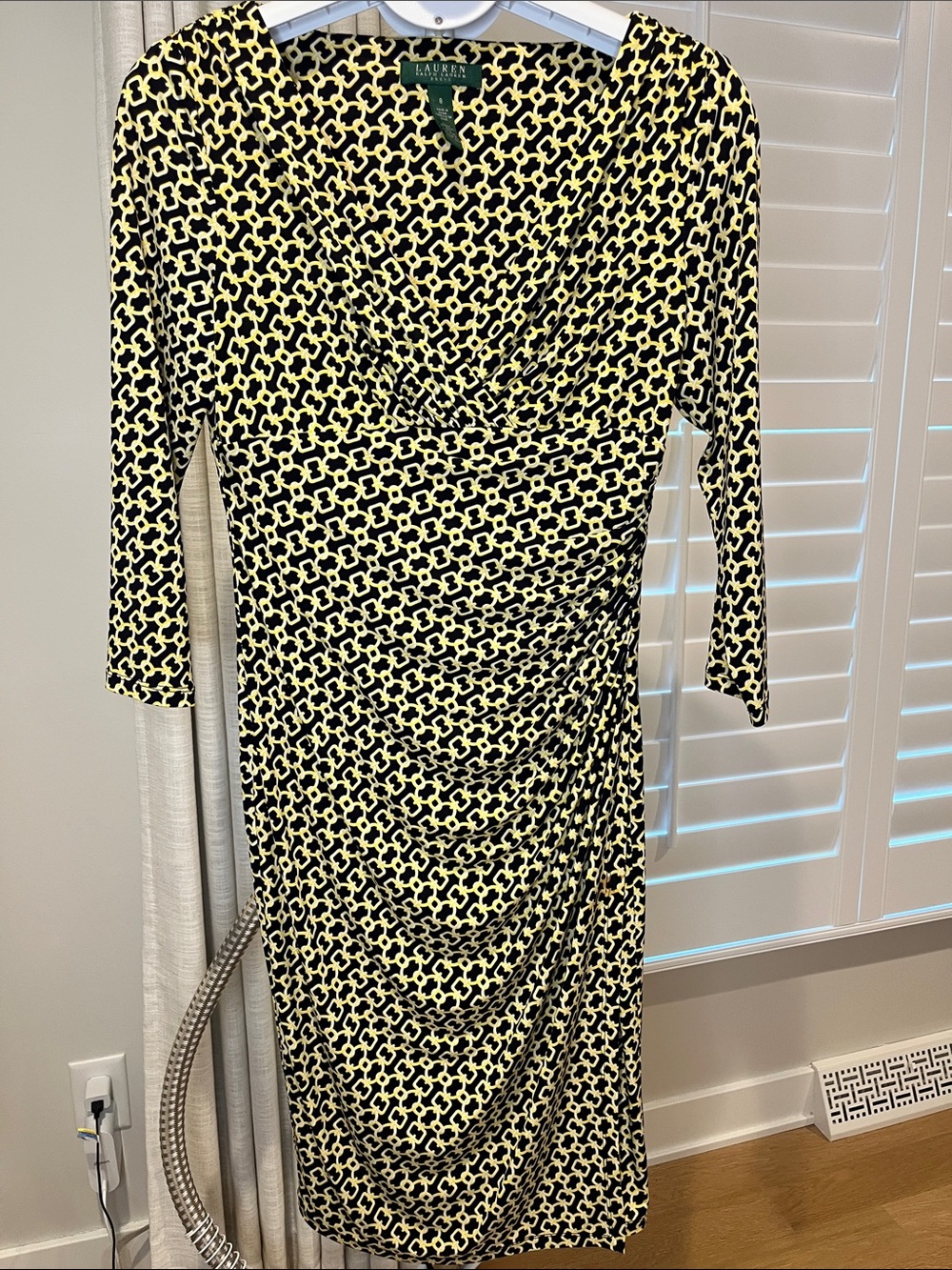 Lauren Ralph Lauren Black and Yellow Chain Print Geometric Wrap Midi Dress 8